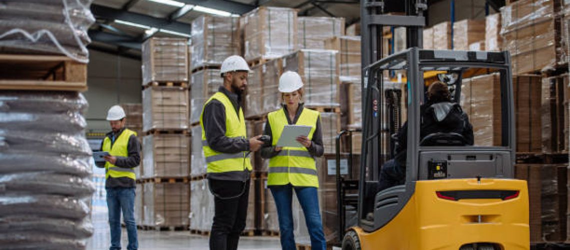 Warehouse workers reading product order, order picking. Warehouse manager checking delivery, stock in warehouse, inspecting products for shipment, talking with colleague.